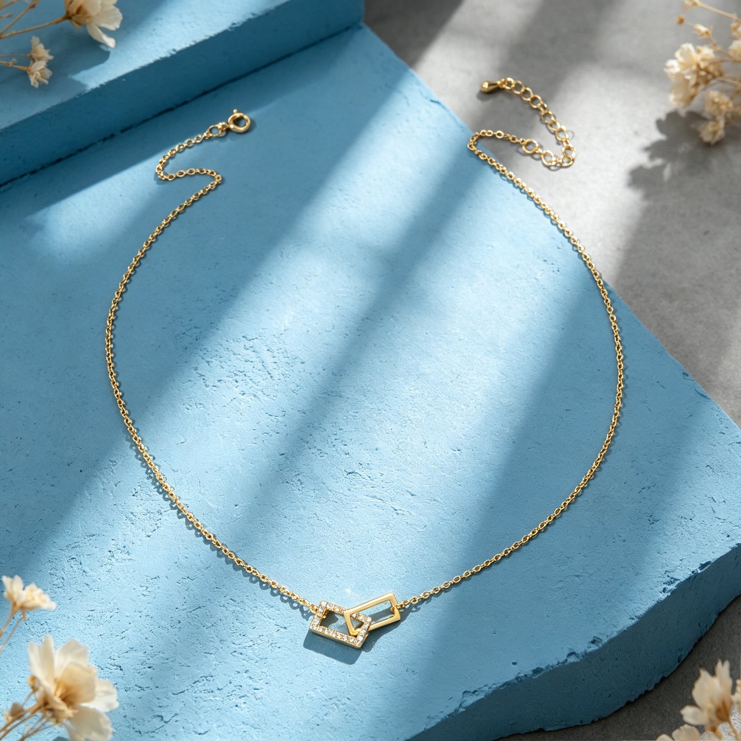 Gold Geometric Crystal Inlaid Square Link Pendant Necklace Minimalist Jewellery