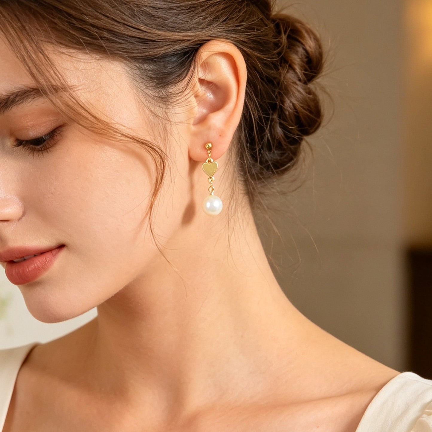Lovely Gold Heart Pearl Chain Drop Dangle Earrings Daily Party Dating Jewellery