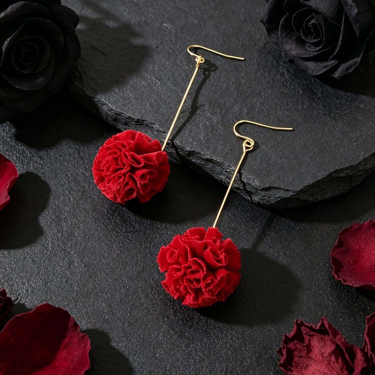 Romantic Red Fabric Flower Long Dangle Earrings Wedding Festival Party Jewelry