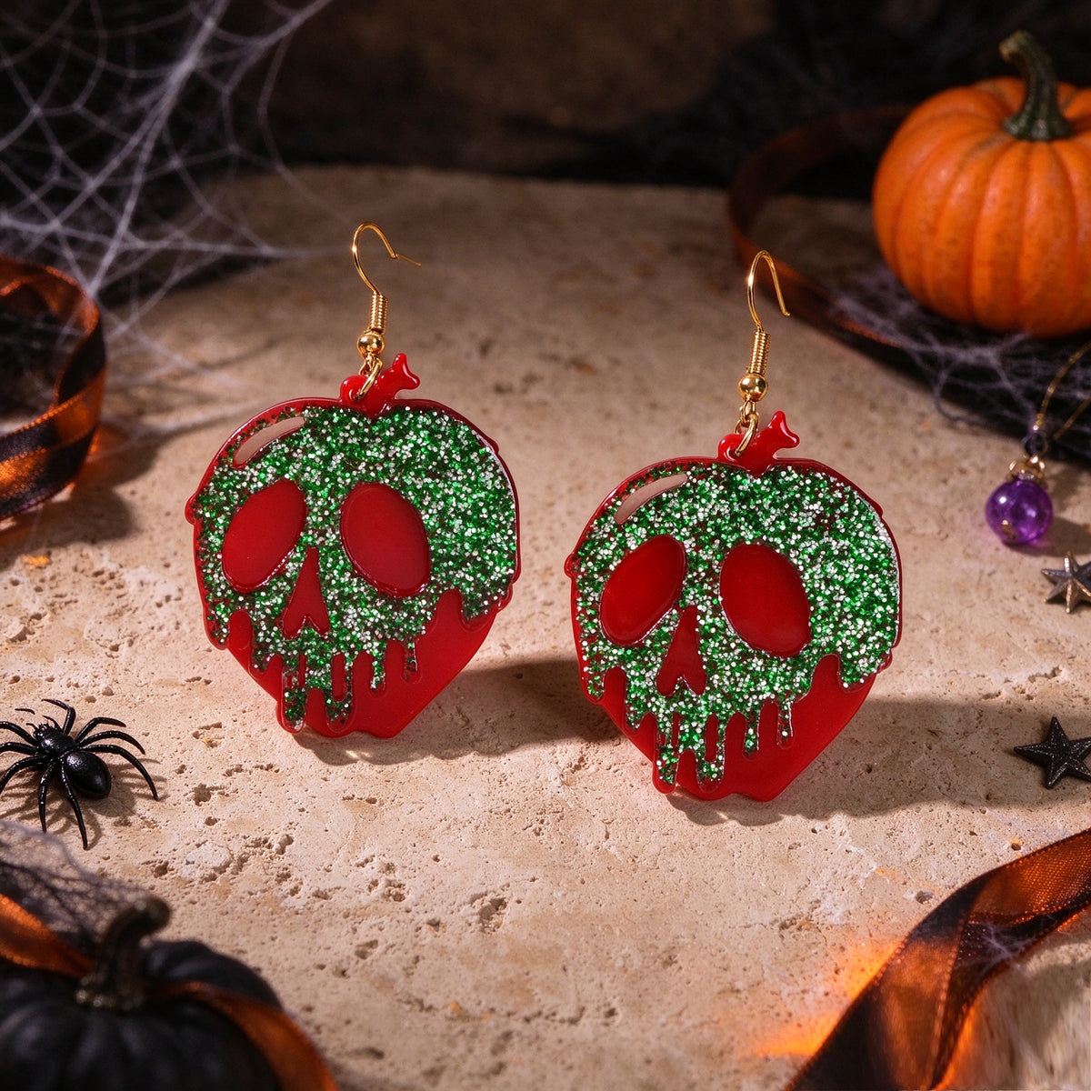 Halloween Gothic Red Green Glitter Skull Dangle Hook Earrings Cosplay Jewellery