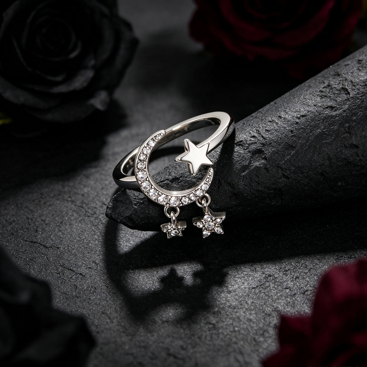 Glitter Rhinestone Silver Star Moon Finger Ring Engagement Wedding Jewelry Gift
