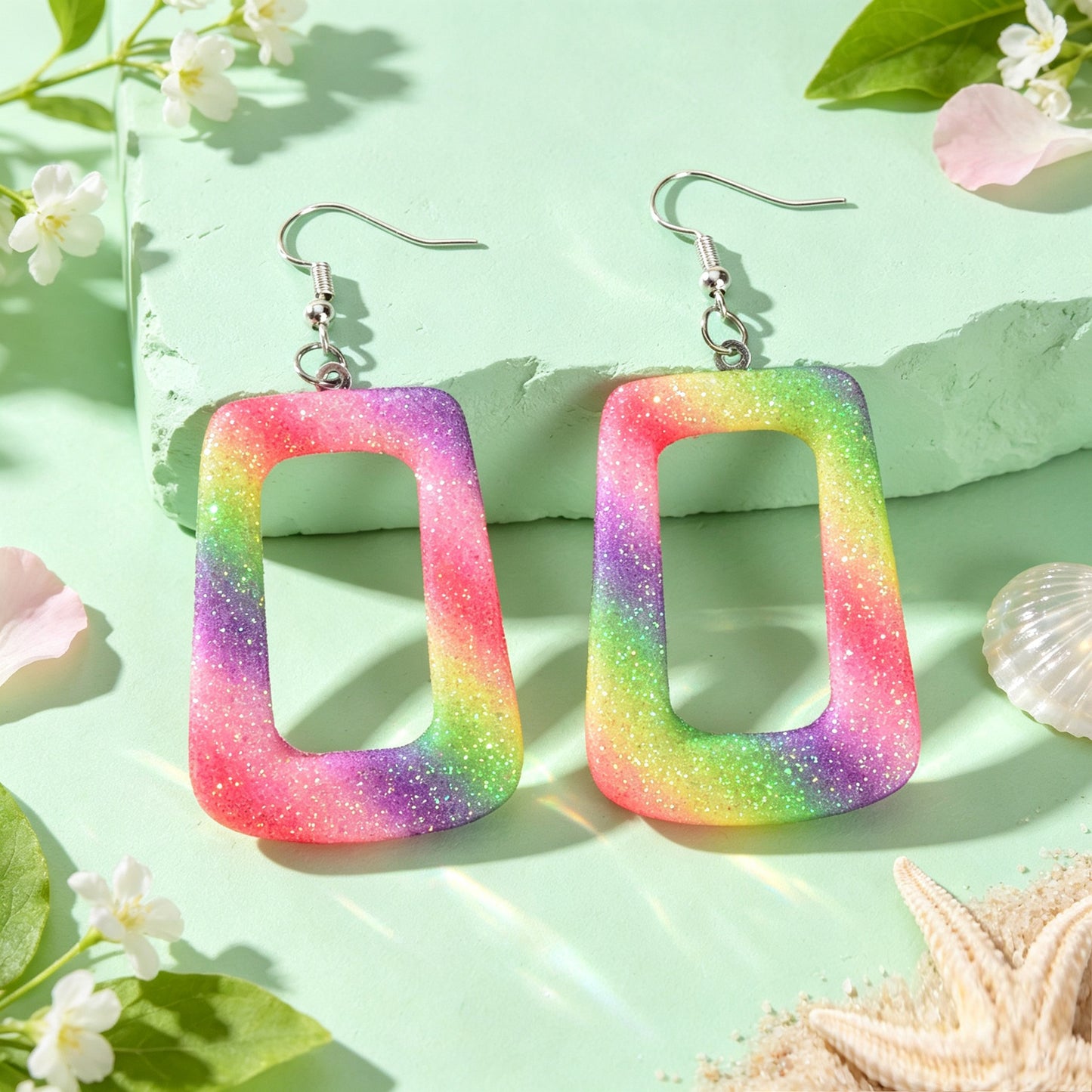 Bright Multicolor Irregular Square Geometric PU Leather Dangle Earrings Beach Vacation Rave Accessories