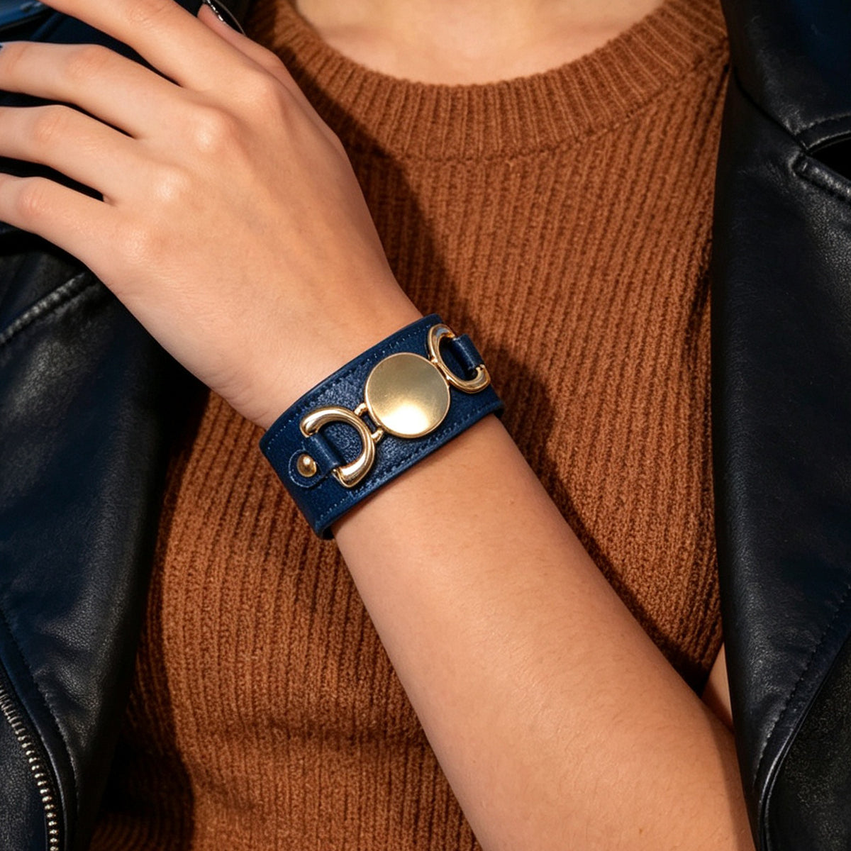PU Leather Adjustable Wide Bracelet Punk Metal Round Geometric Wrist Accessories