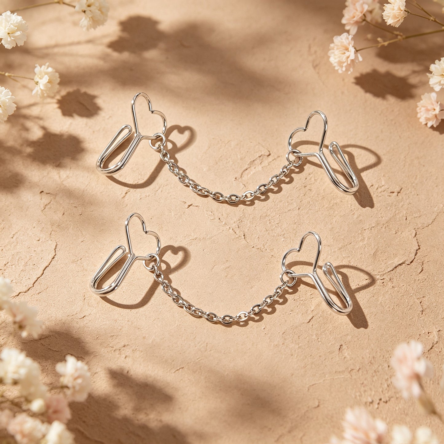 2pcs Heart Silver Chain Clip‑on Ear Cuffs No Piercing Fashion Vintage Earrings