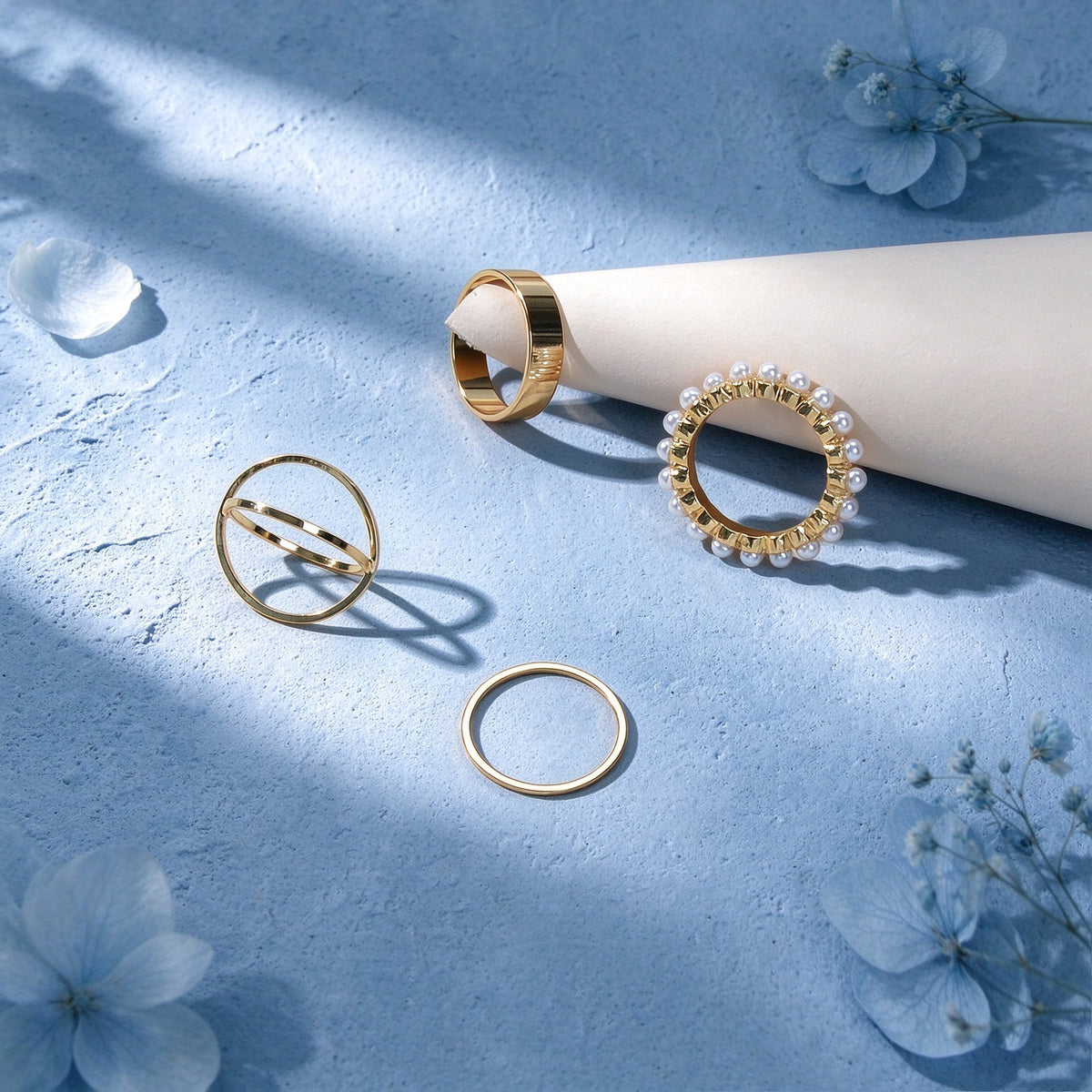 4pcs Gold Faux Pearls X Cross Wide Thin Stackable Knuckle Midi Finger Rings set