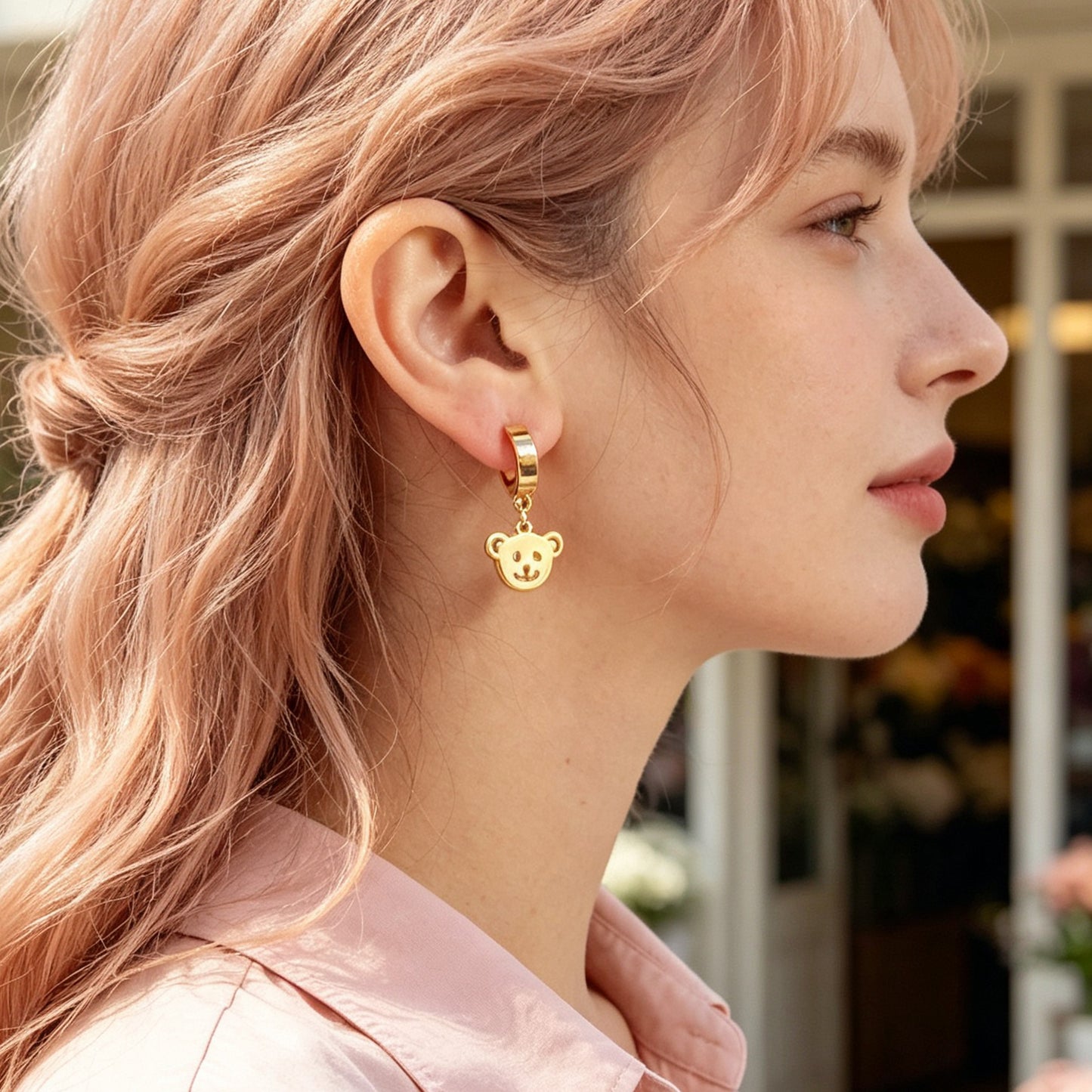Cartoon Gold Smiley Bear Head Dangle Earrings Cute Animal Element Jewelry Birthday Gift