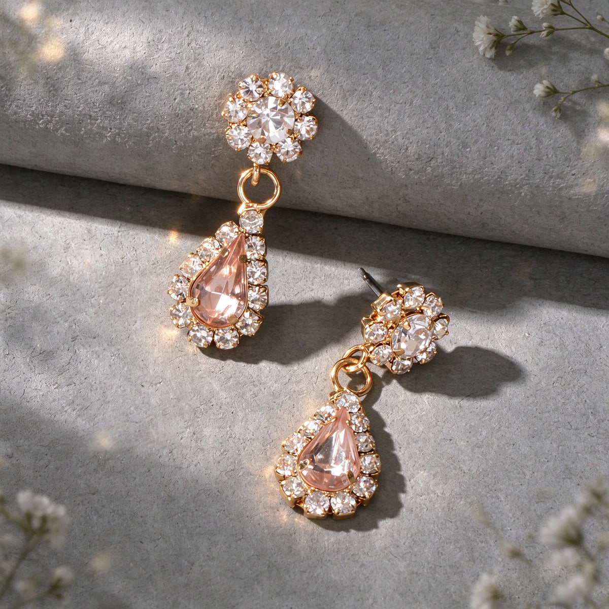 Elegant Pink Teardrop Drop Earrings Rhinestone Floral Stud Evening Party Jewelry