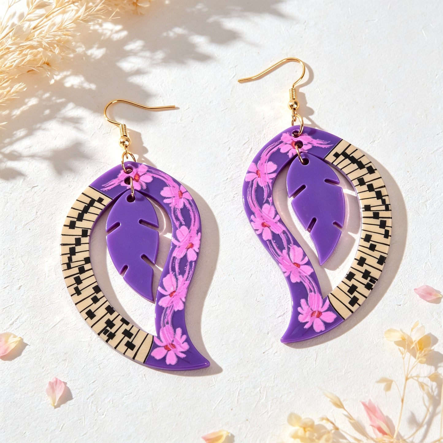 Boho Piano Key Floral Pattern Purple Acrylic Leaf Dangle Earrings Party Vacation Photoshoot Jewelry