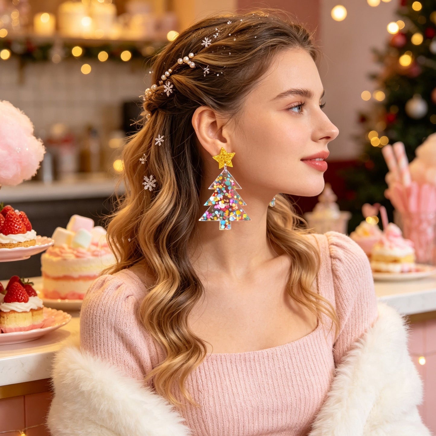 Christmas Tree Dangle Earrings Glitter Star Acrylic Colorful Xmas Party Jewelry