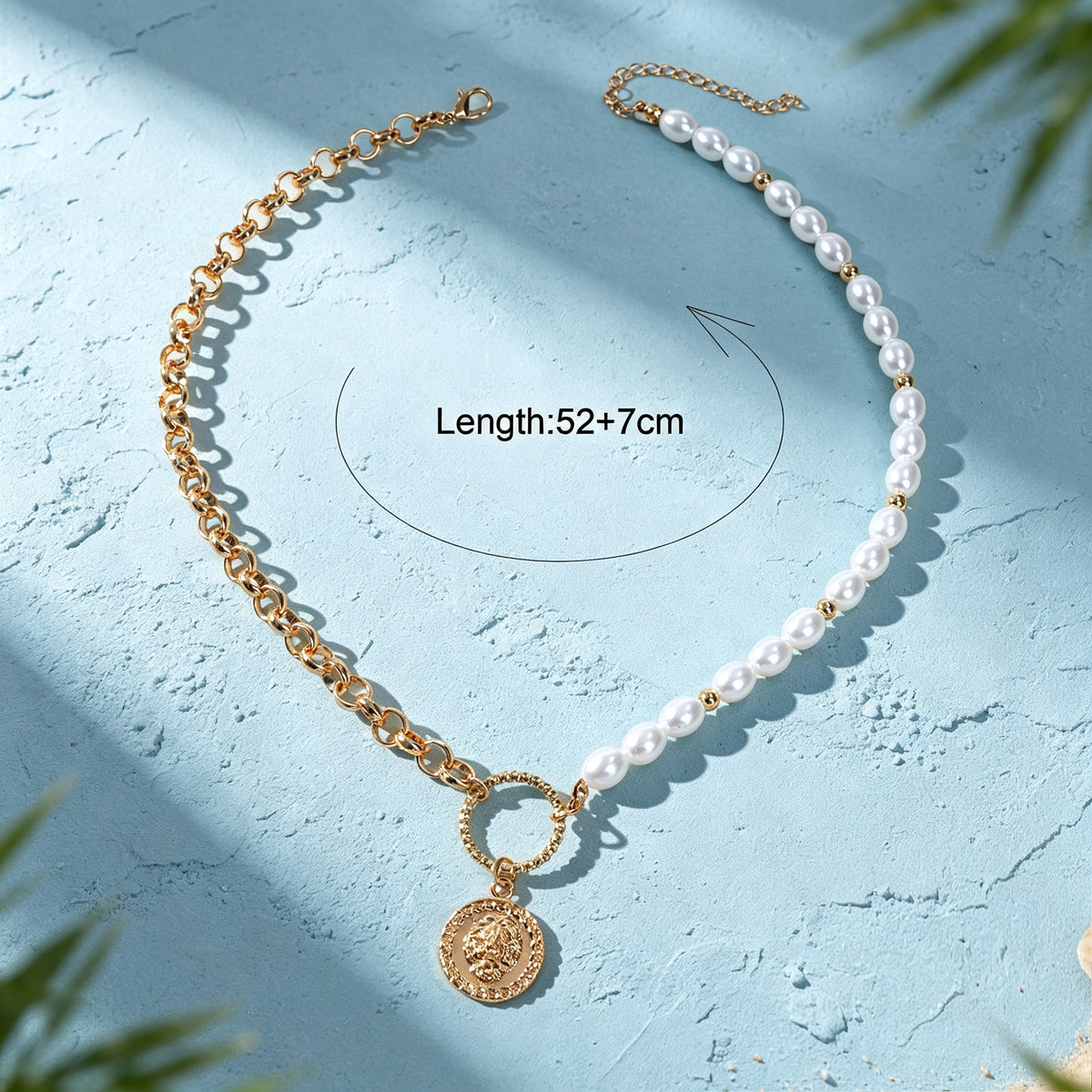 Retro Imitation Pearl Metal Mixed Chain Coin Pendant Necklace Exquisite Jewelry