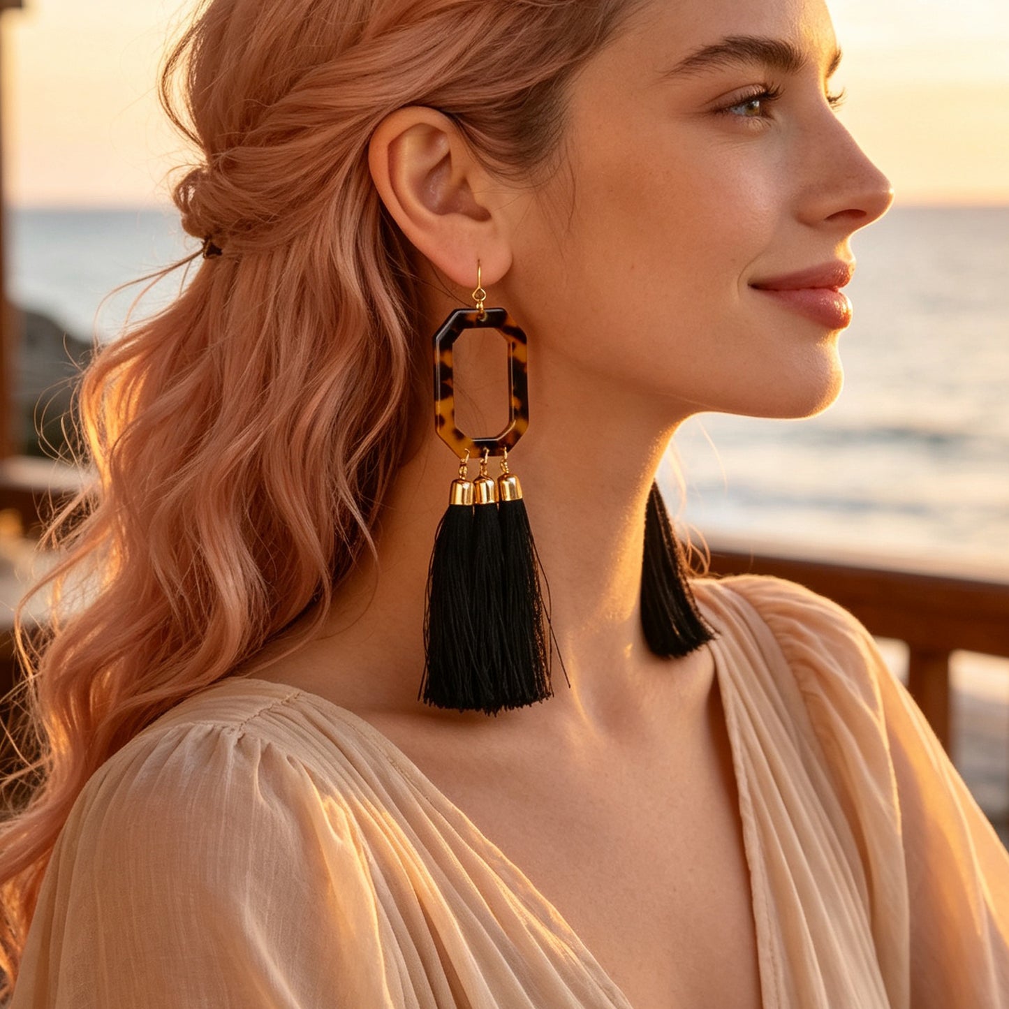 Acrylic Geometric Black Long Tassel Dangle Earrings Bohemian Jewelry for Beach Vacation Holiday