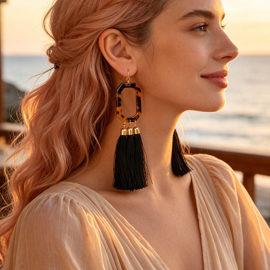 Acrylic Geometric Black Long Tassel Dangle Earrings Bohemian Jewelry for Beach Vacation Holiday