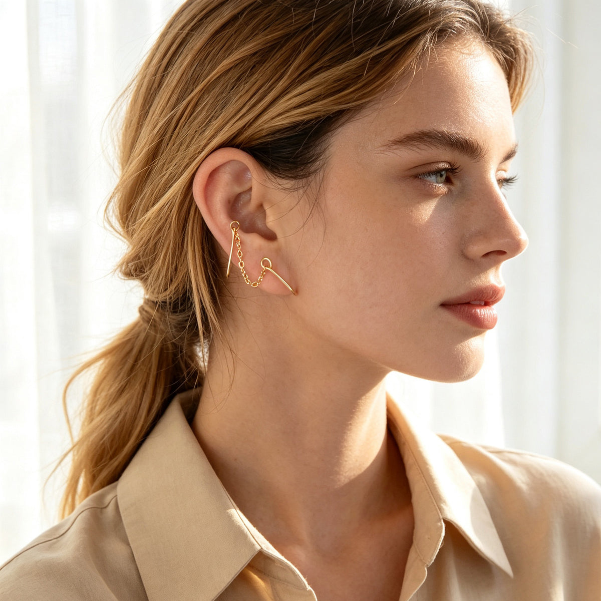 2pcs Hip Hop Street Chain Clip‑On Earrings Casual Simple Non‑Pierced Ear Cuffs