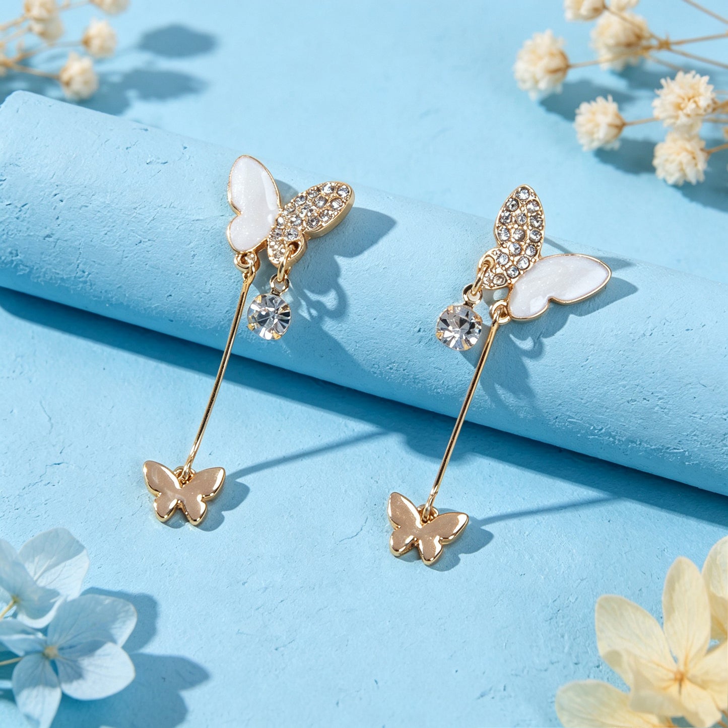 Gold Shiny Double Butterfly Long Dangle Earrings Exquisite Evening Party Jewelry