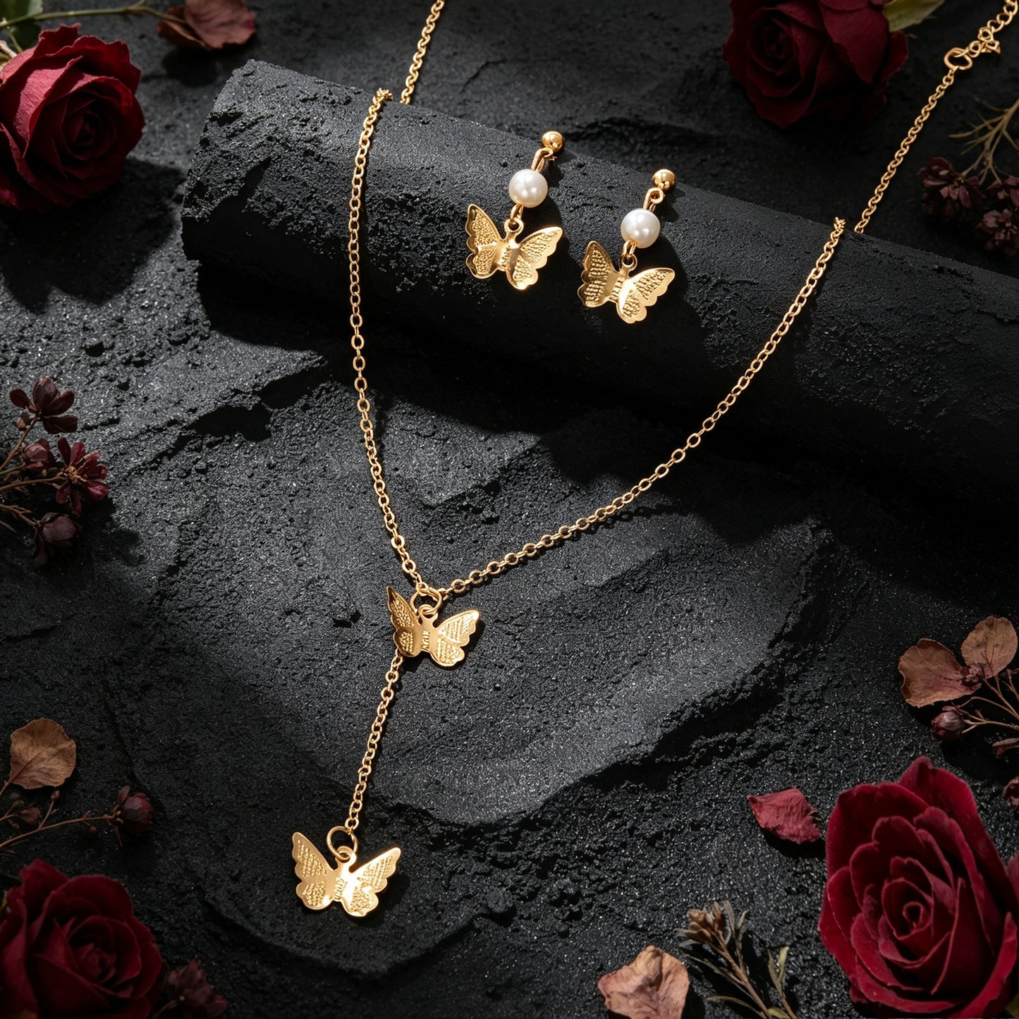 Gold Butterfly Set Y Drop Necklace Pearl Dangle Earrings Wedding Party Accessory