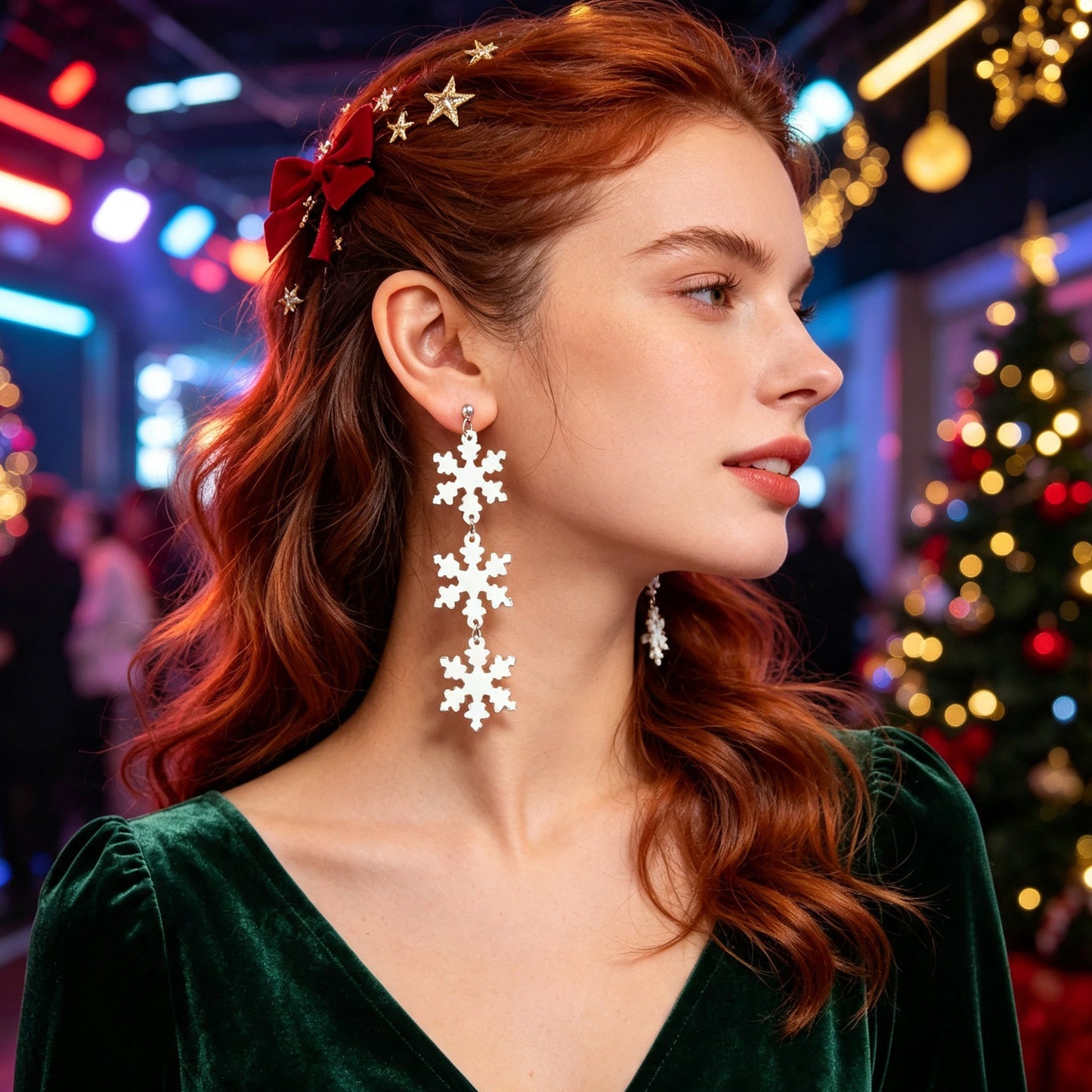 Romantic Silver Triple Snowflak Acrylic Dangle Earrings Lightweight Christmas Festival Jewelry