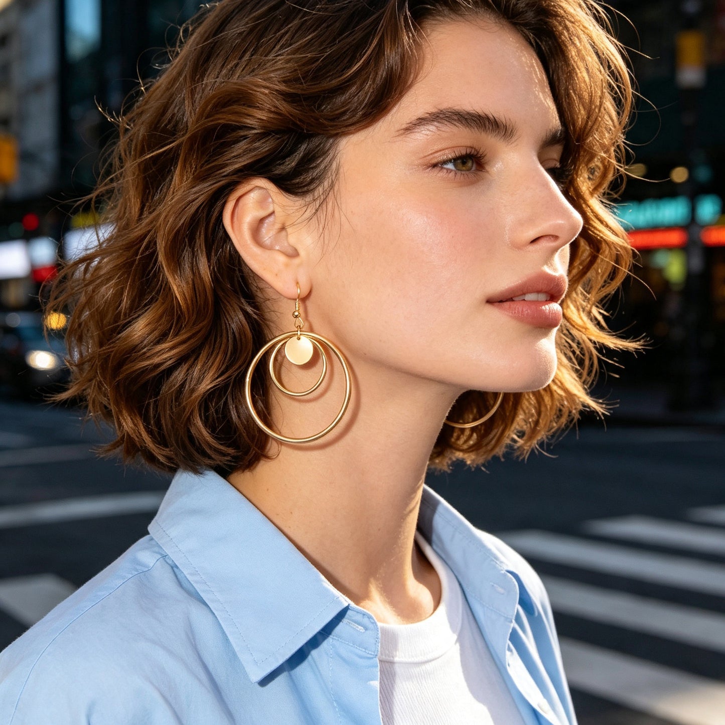 Modern Geometric Circle Dangle Earrings Minimalist Double Hoop Disc Design Daily Officework Jewelry