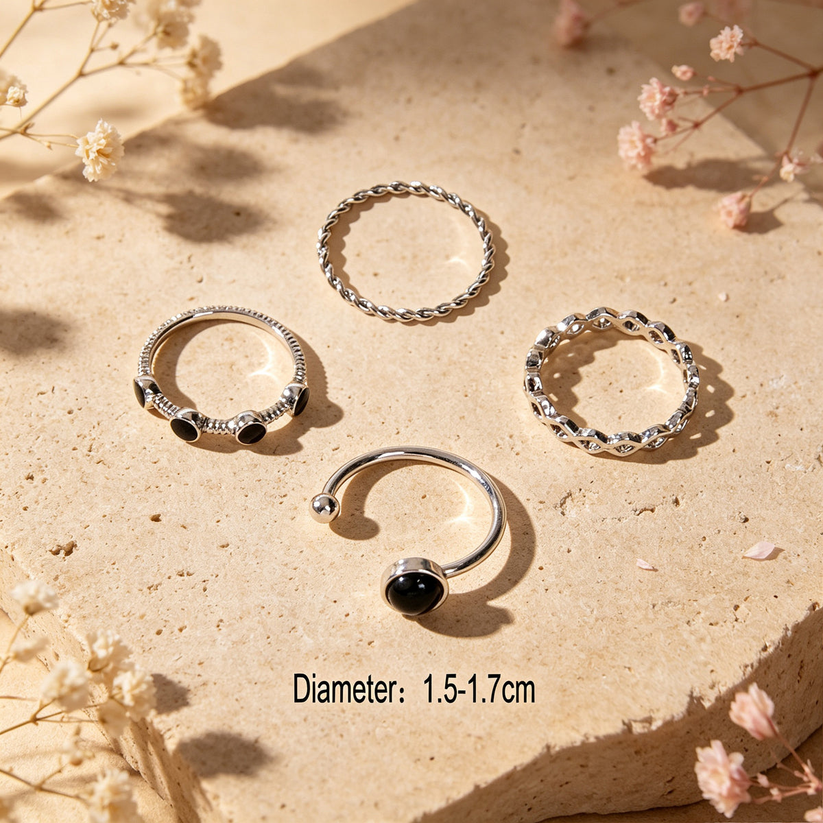 4pcs Geometric Element Silver Stackable Knuckle Midi Thread Finger Rings Set