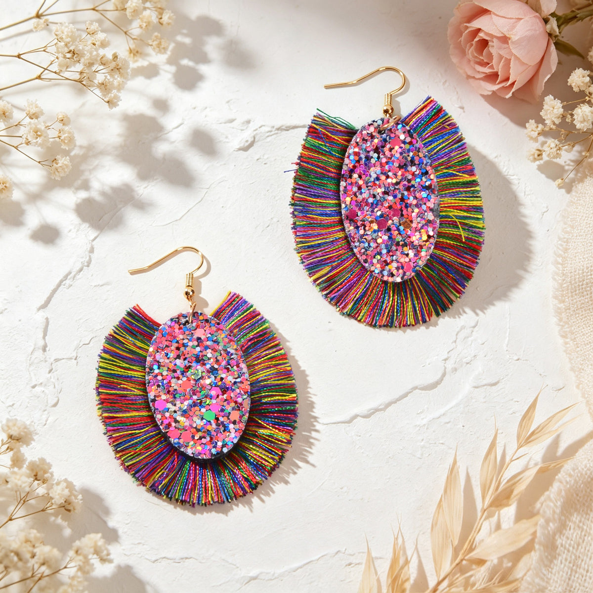 Boho Colorful Tassel Sequin Oval Dangle Earrings Chunky Summer Beach Vacation Statement Jewelry