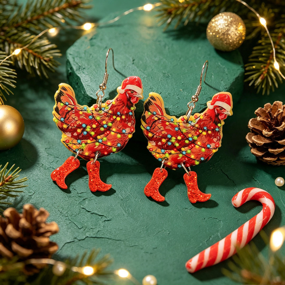Christmas Chicken Dangle Earrings Santa Hat Red Boots Colorful Light Decor Funny Animal Jewelry