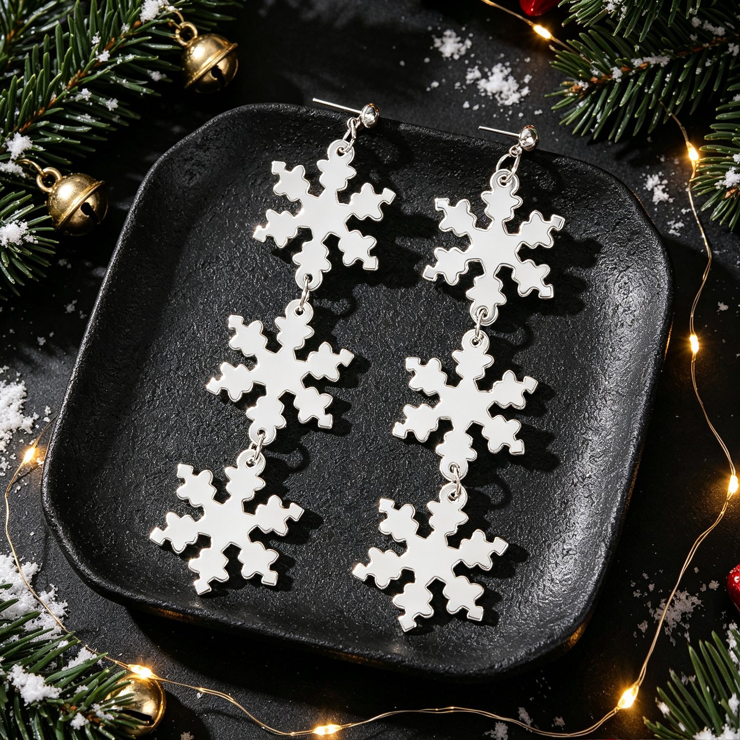 Christmas Snowflake Silver Long Dangle Drop Earrings Festive Statement Accessory
