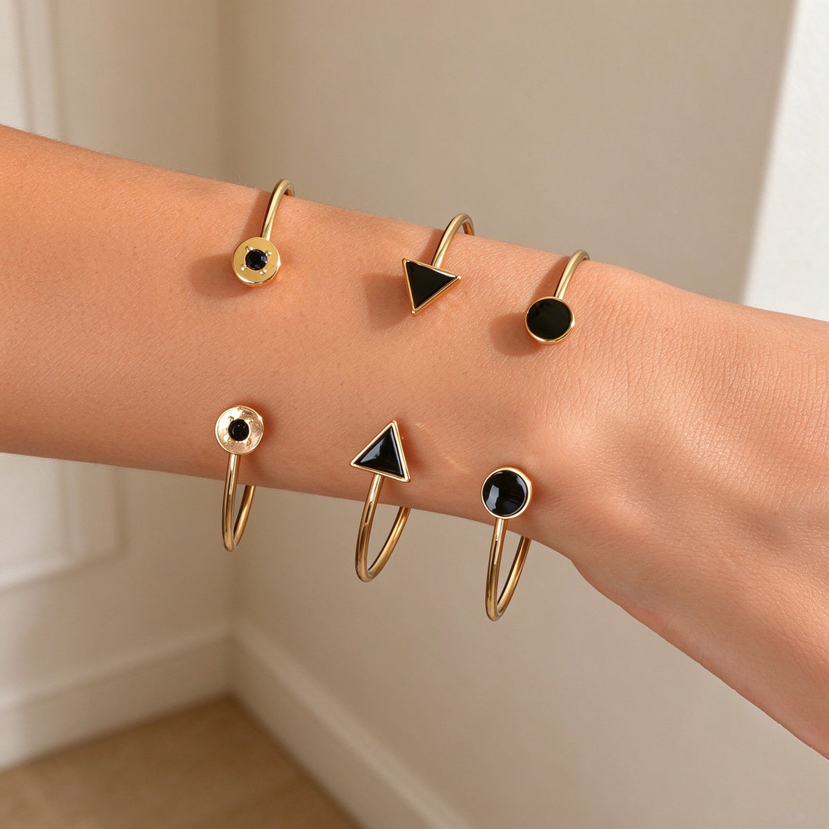 3pcs Gold Cuff Bangle Stackable Black Geometric Triangle Round Open Bracelet