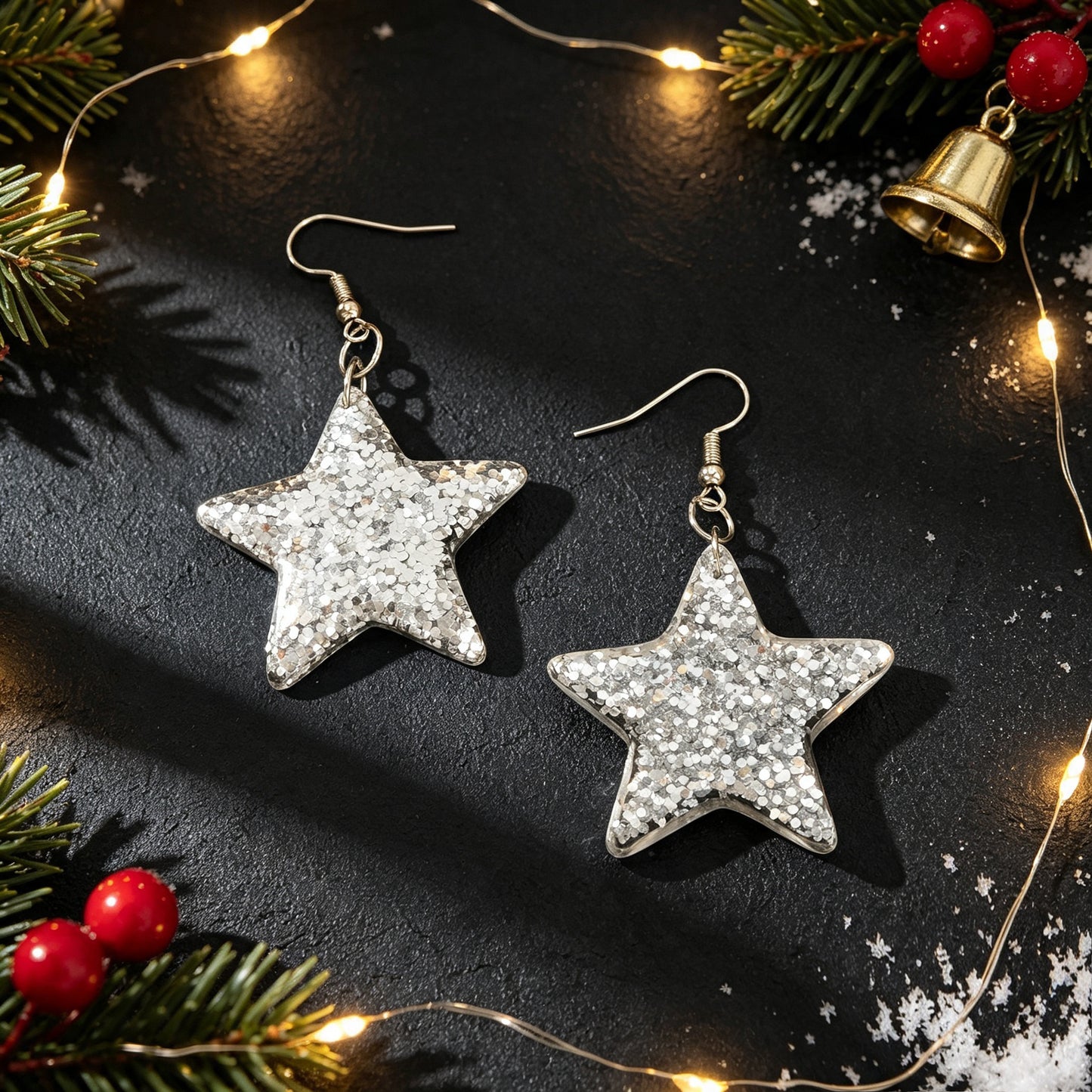 Xmas Silver Glitter Star Hook Dangle Earring Christmas Trendy Party Jewelry Gift