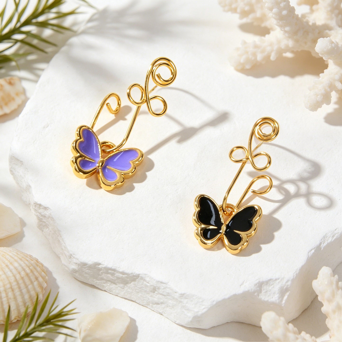 Trendy Enamel Butterfly Dangle Ear Cuffs No Piercing Gold Non-Pierced Ear Clips