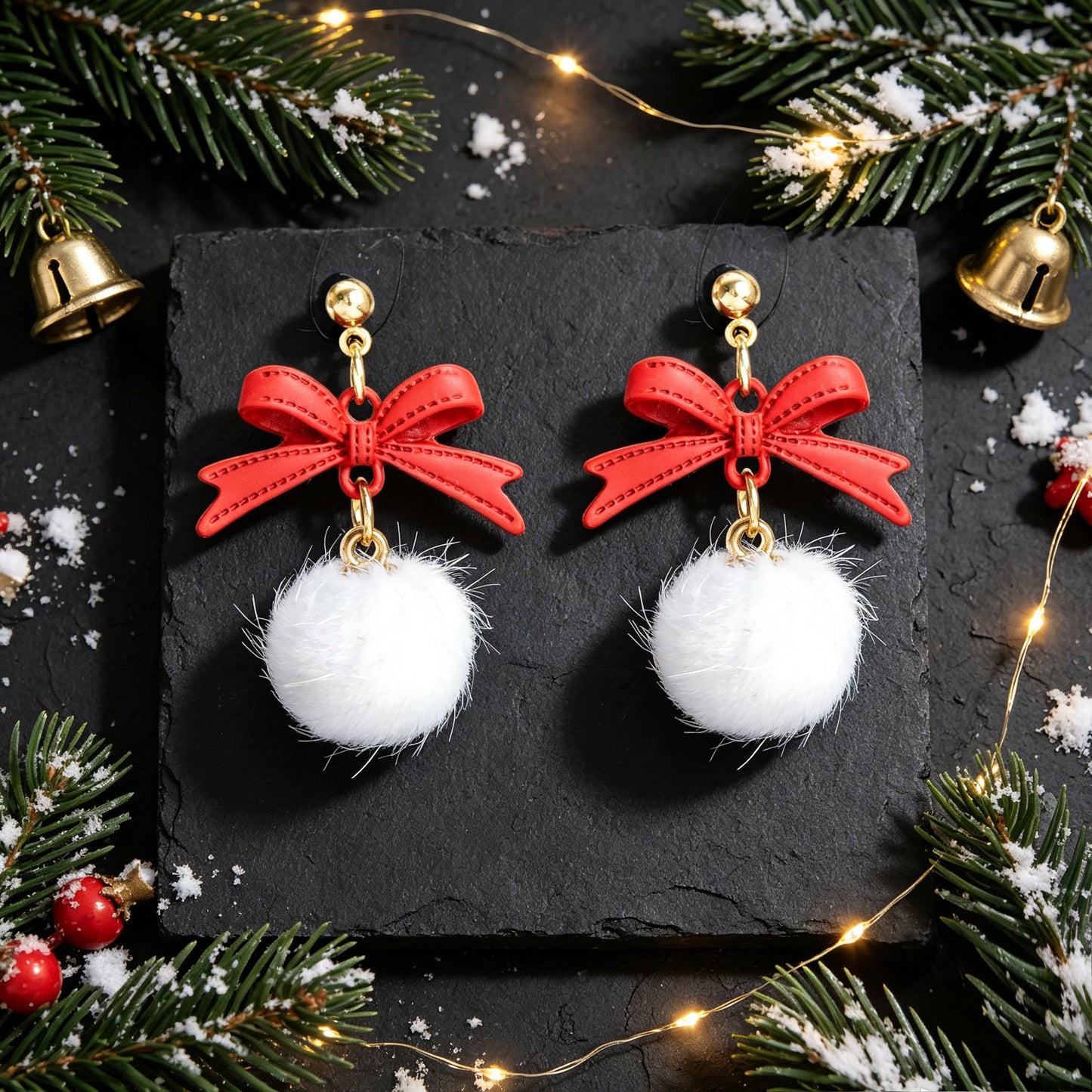 Christmas New Year Red Bow White Furry Ball Earrings Cute Party Jewellery Gift