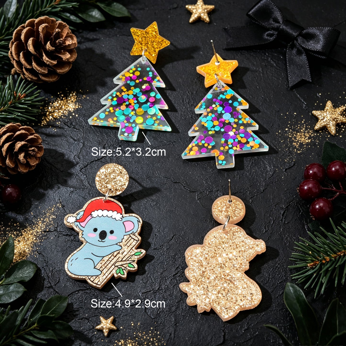 2 pairs Cartoon Christmas Tree Koala Drop Earrings Lovely Holiday Party Jewelry