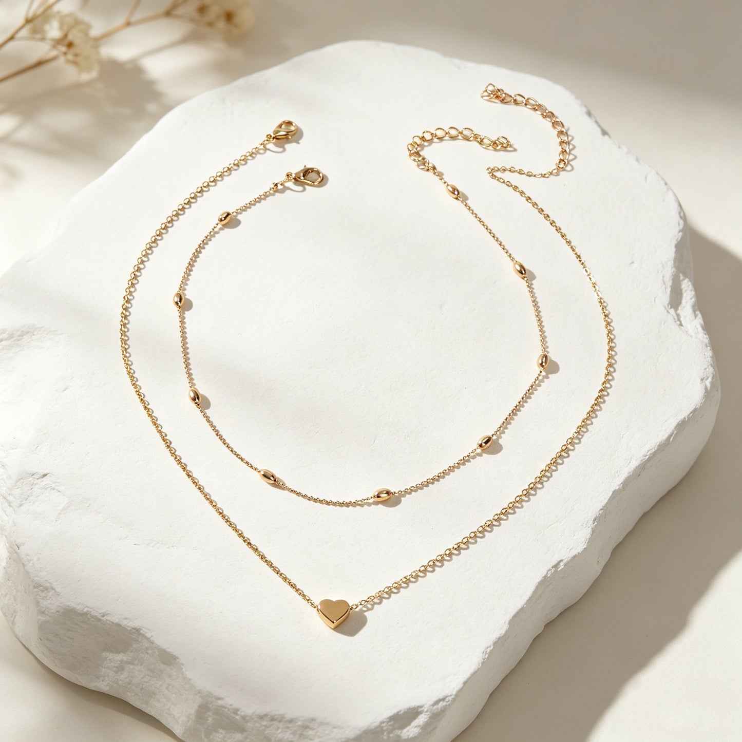 2pcs Dainty Jewelry Metal Beads Decor Gold Silver Chain Heart Pendant Necklaces
