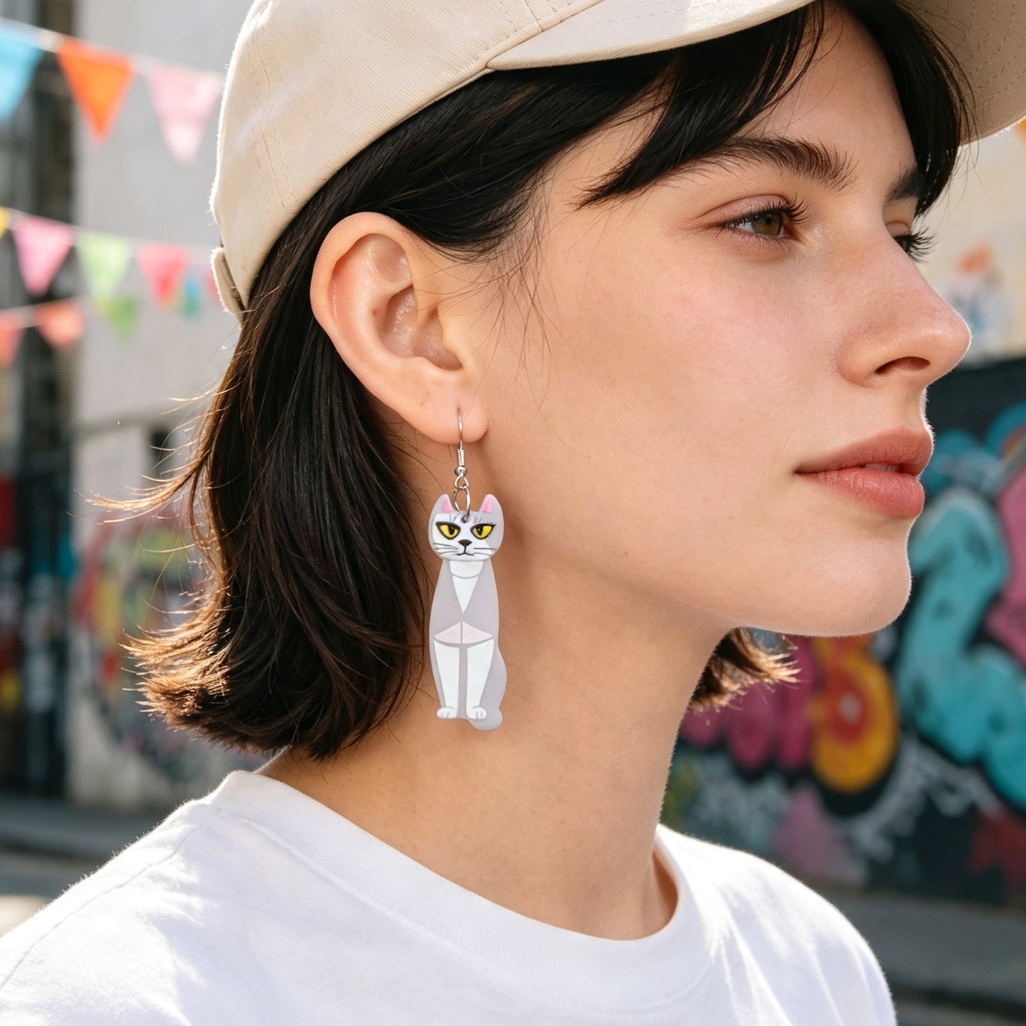 Fun Grey Long Cat  Acrylic Dangle Earrings Cute Pet Animal Element Accessories