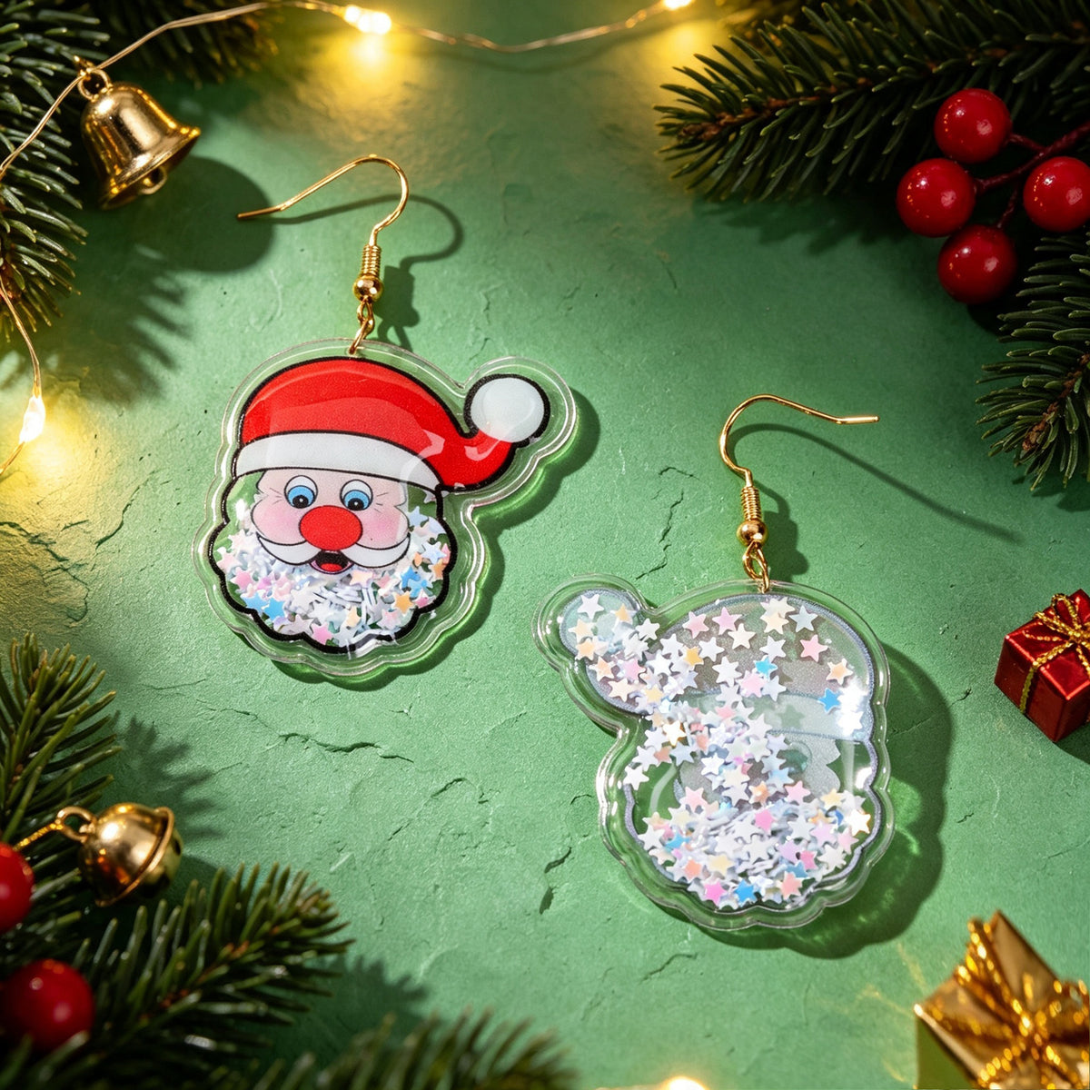 Star Sequin Filled Christmas Santa Claus Drop Earrings Clear Acrylic Material Festival Jewelry Gift
