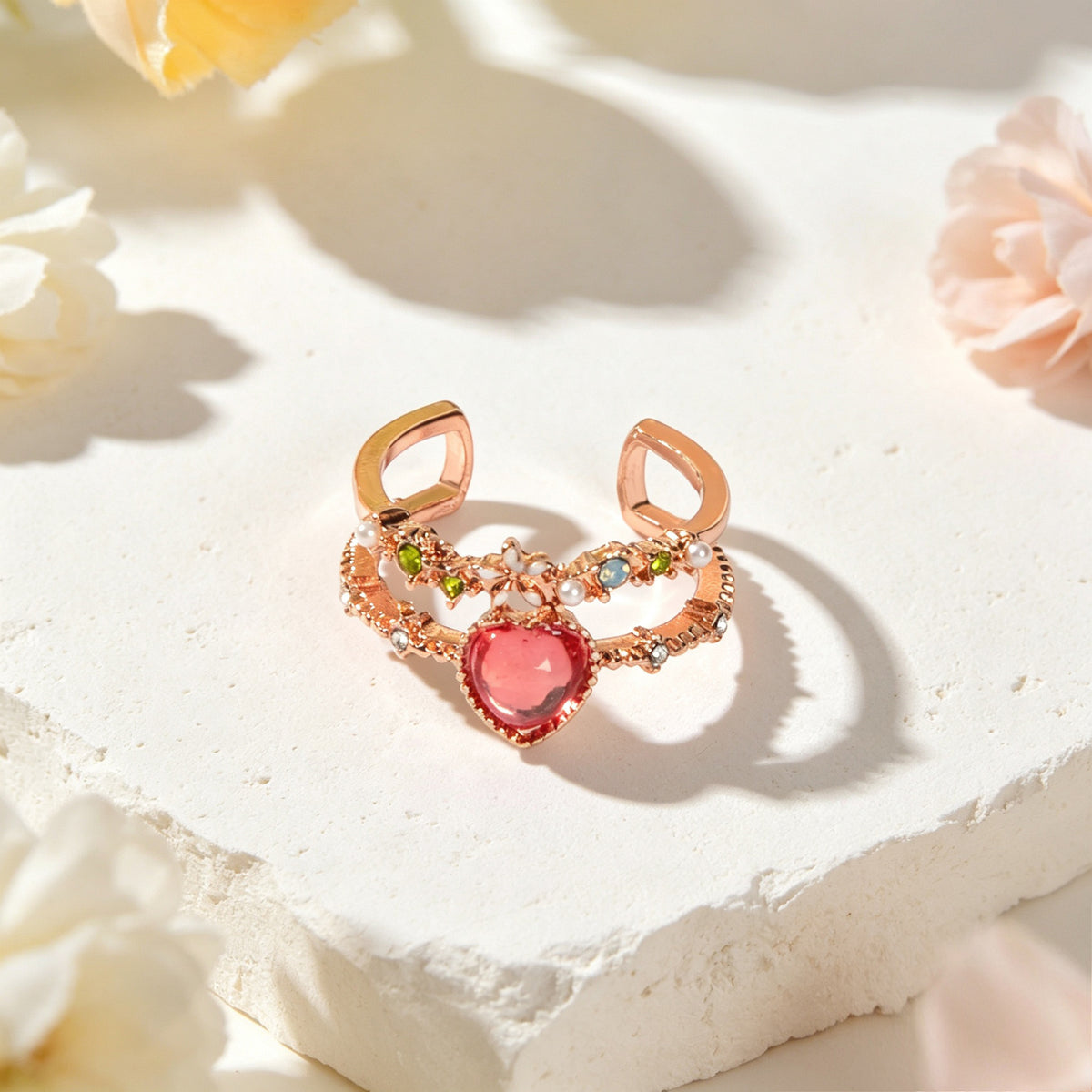Luxuriant Colorful Rhinestone Imitation Pearl Heart Rose Gold Open Finger Ring
