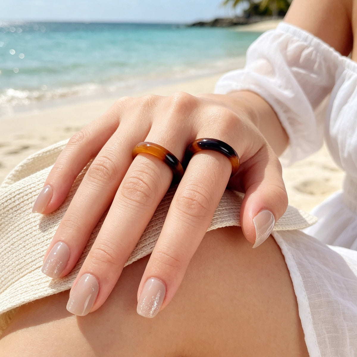 2pcs Vintage Stackable Resin Finger Rings Set Boho Summer Beach Vacation Jewelry
