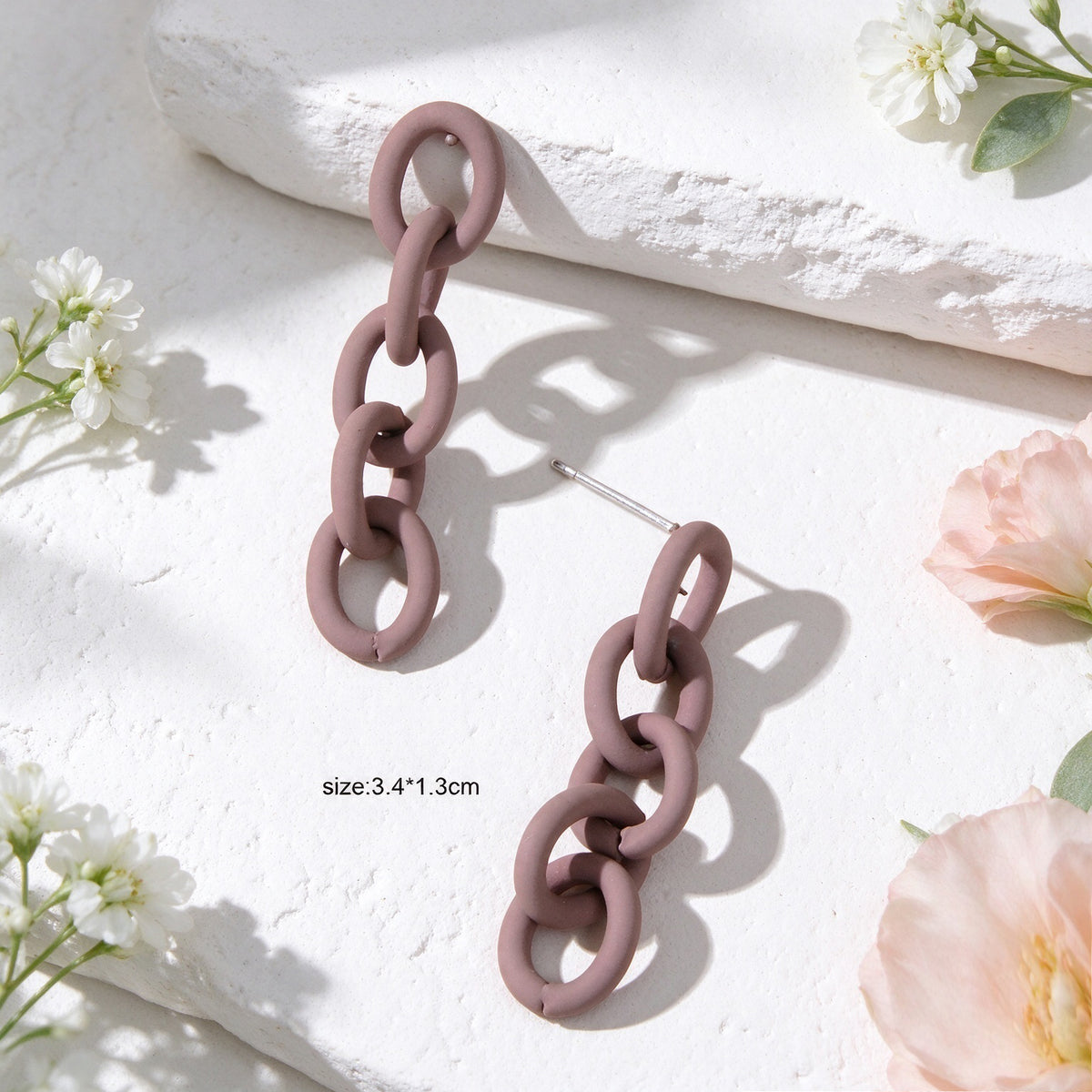 Brown Matte Chain Link Dangle Earrings Minimalist Geometric Drop Jewellery Gift