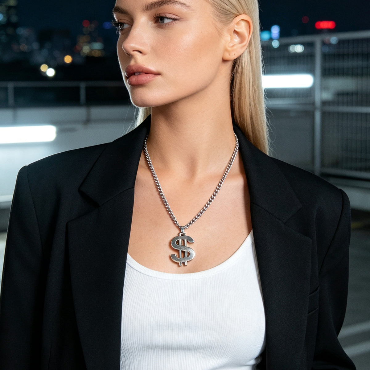 Street Style Silver Dollar Sign Pendant Cuban Chain Necklace Personality Jewelry