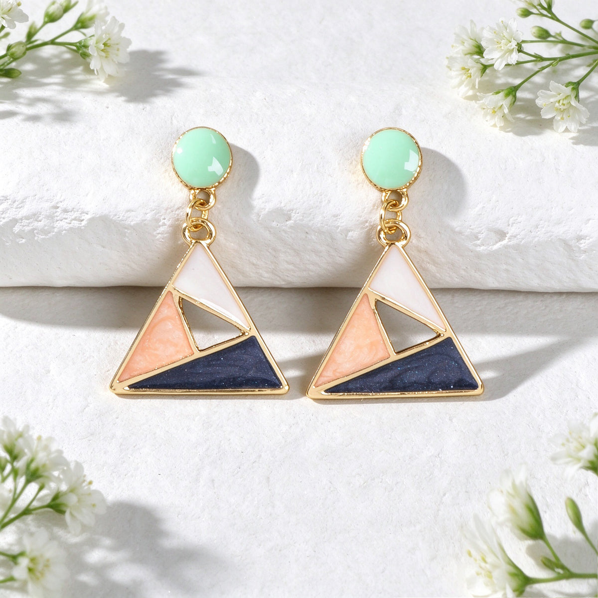 Trendy Geometric Triangle Dangle Earring Color Block Enamel Design Retro Jewelry