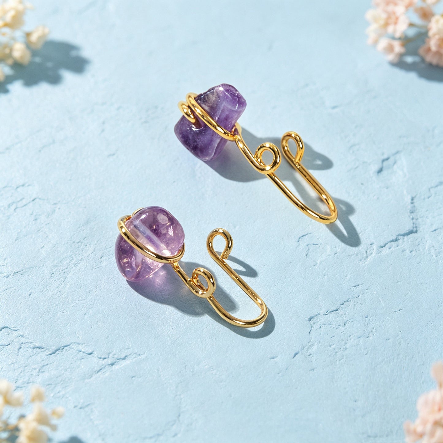 2pcs Gold Ear Cuffs No Piercing Imitate Amethyst Stone Earrings Fashion Jewelry
