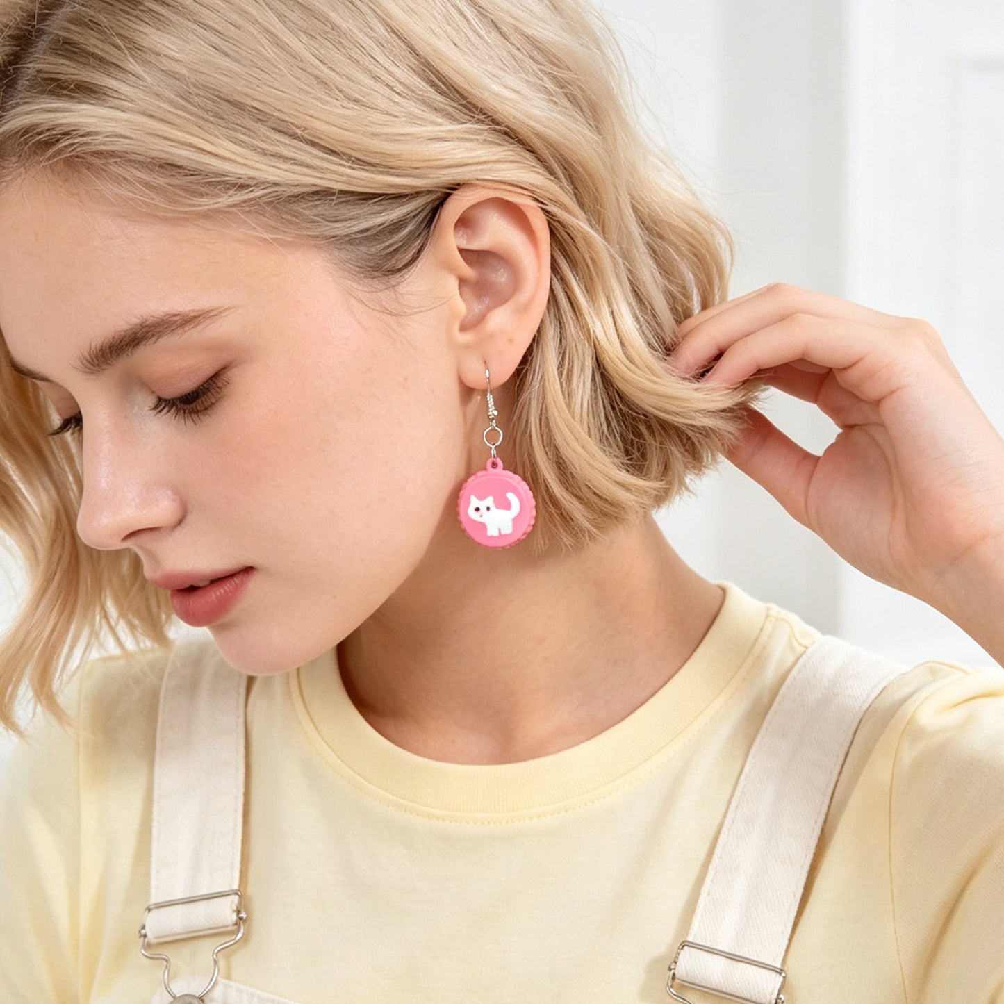 Cute White Cat Hotpink Bottle Cap Dangle Earrings Sweet Jewelry for Daily Party Gift