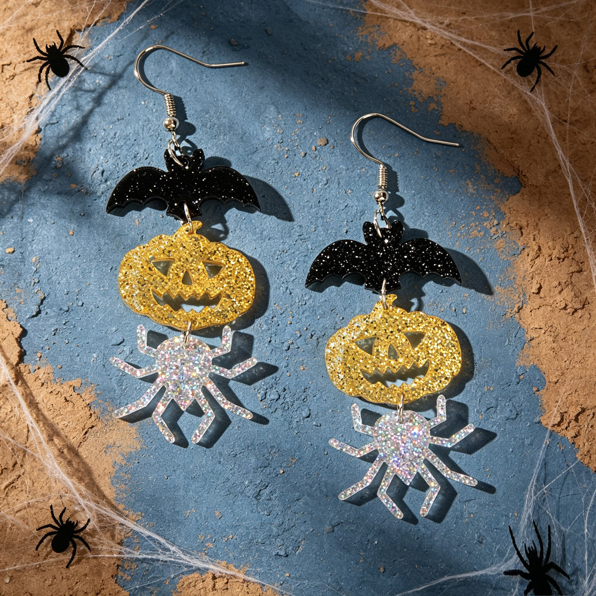 Halloween Glitter Bat Pumpkin Spider Drop Earrings Spooky Holiday Party Jewelry
