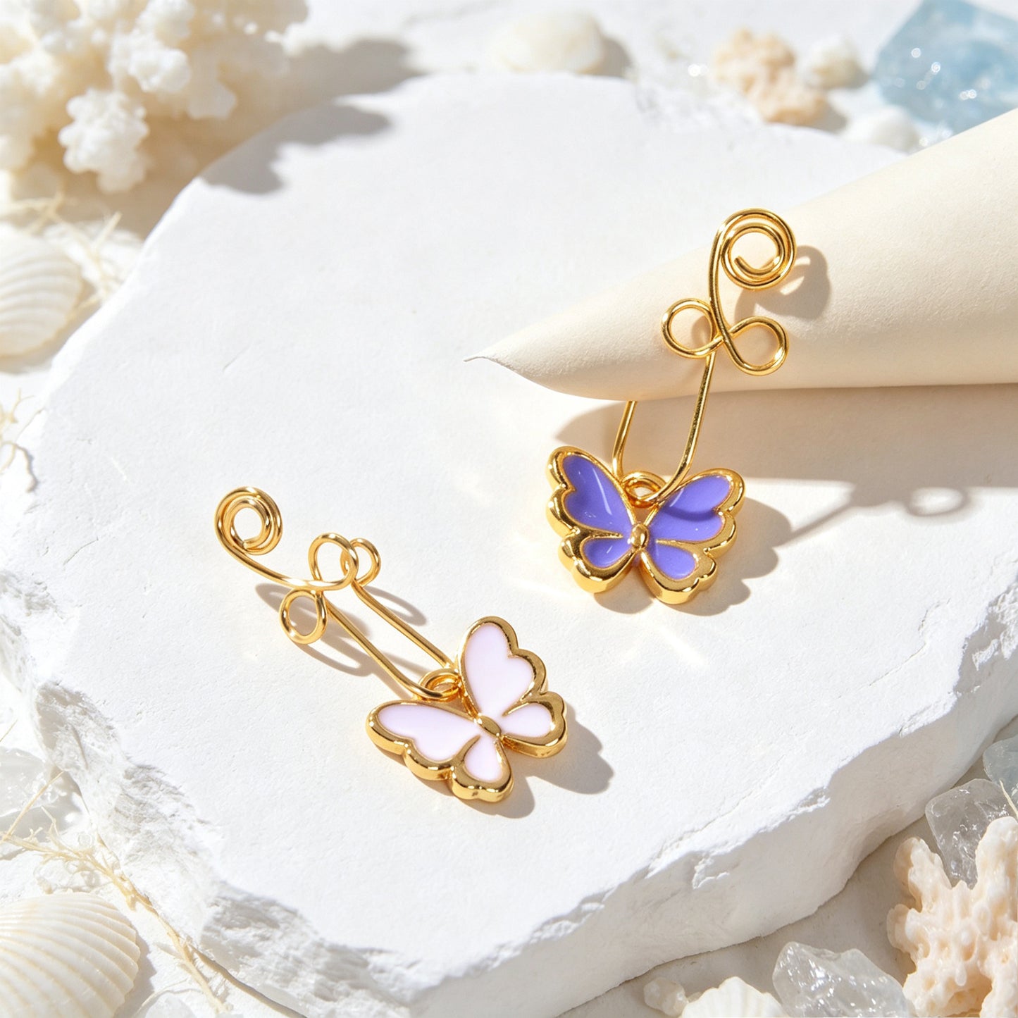 2pcs Colorful Enamel Butterfly Dangle Ear Cuffs Gold Non-Pierced Earrings Gift
