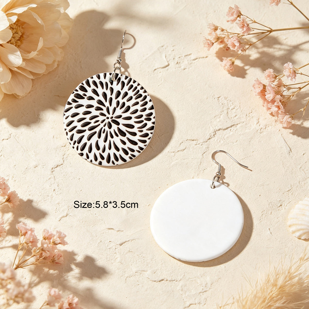 Black White Floral Pattern Lightweight Acrylic Round Geometric Earrings Retro Vacation Jewelry