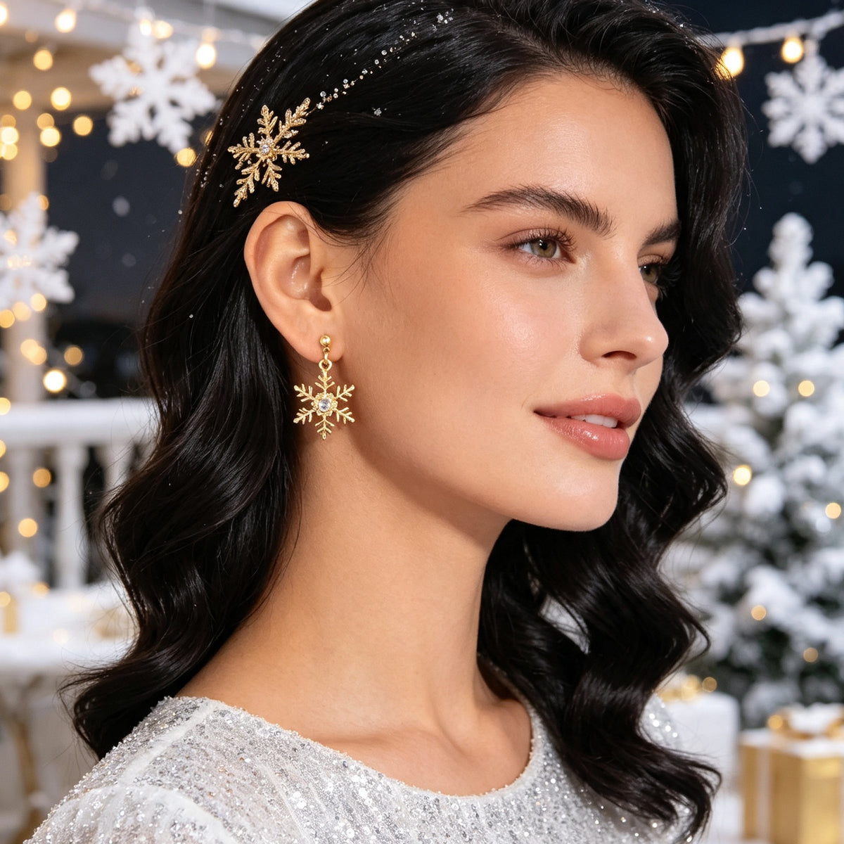 Christmas Jewellery Rhinestone Gold Snowflake Drop Earrings Festival Accessories