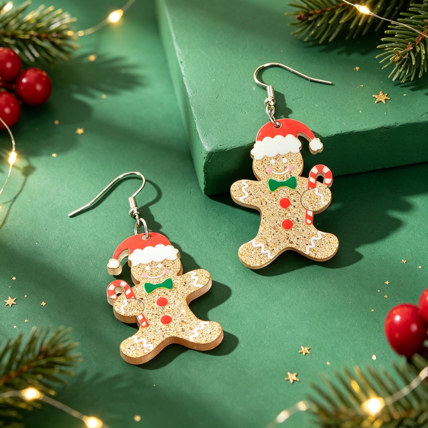 Christmas Cute Sparkly Gingerbread Man Dangle Earrings Holiday Party Jewelry Gift
