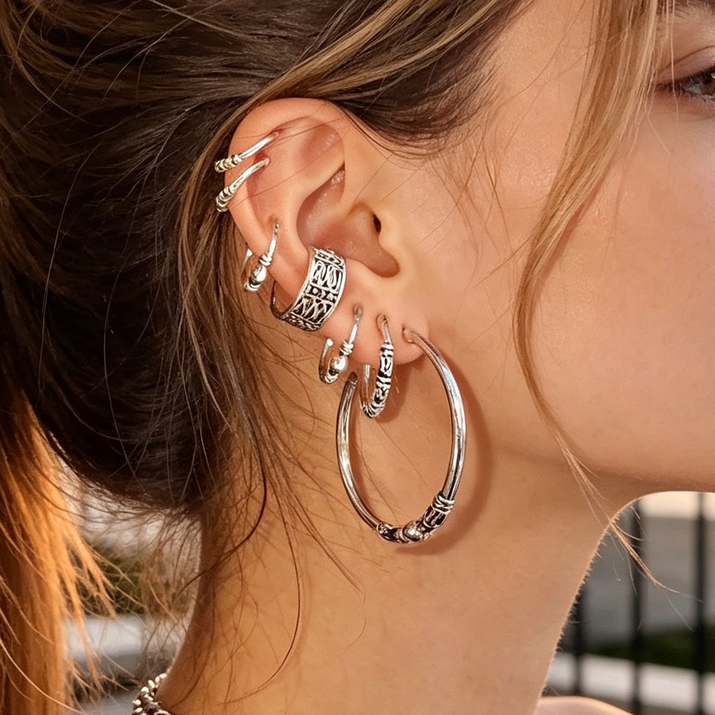 7pcs Vintage Punk Hoop Earrings Antique Silver Street style C‑Shaped Ear Cuff