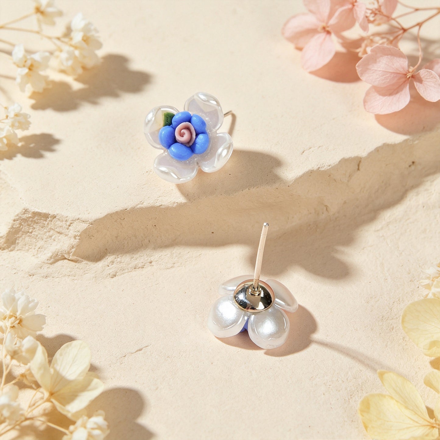 Cute Small Flower Stud Earrings White Blue Resin Petal Design Romantic Daily Dating Jewelry