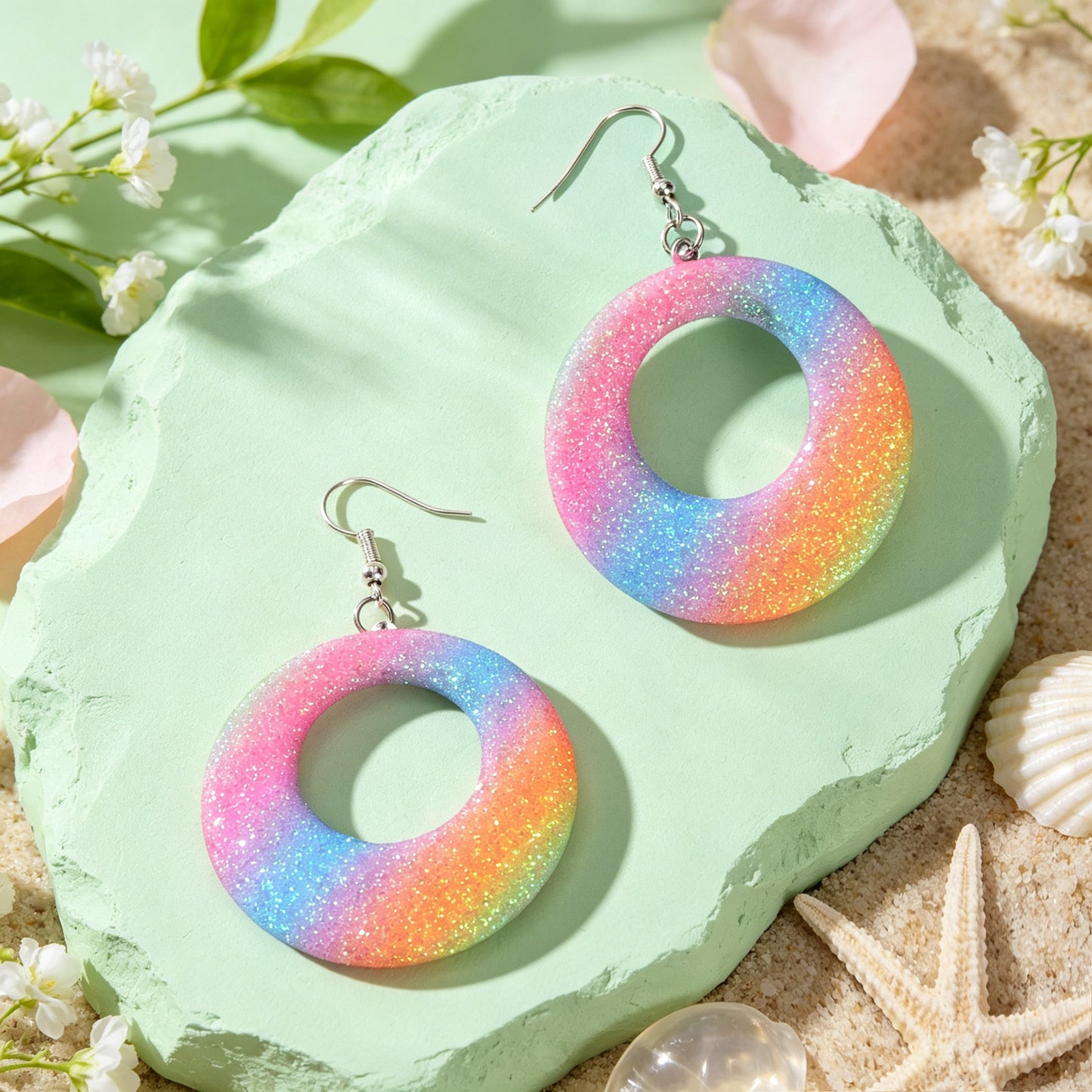 Rainbow Gradient Glitter Hollow Circle Geometric Dangle Earrings Y2K Summer Beach Vacation Party Jewelry