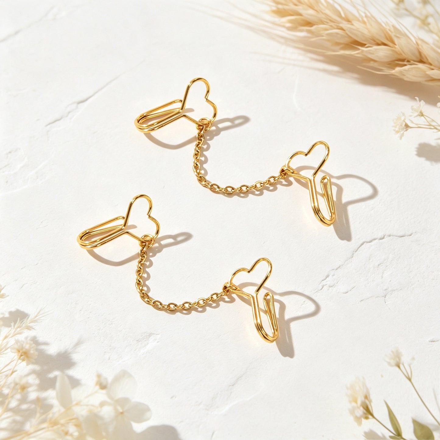 2pcs Heart Chain Linked Ear Cuff Punk Street Gold Non-Pierced Cartilage Ear Clip
