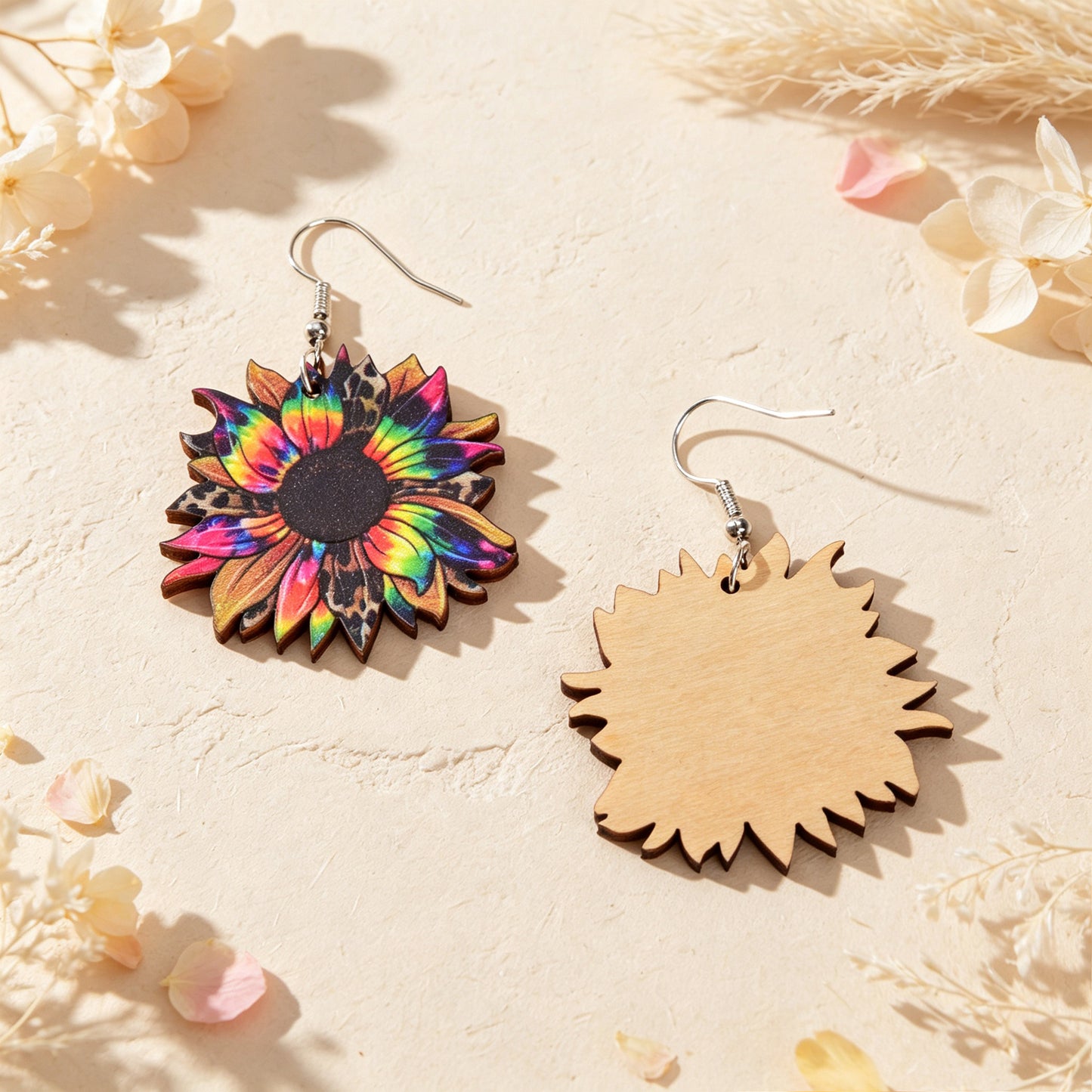 Boho Colorful Sunflower Wooden Dangle Earrings Beach Vacation Party Photoshoot Jewelry